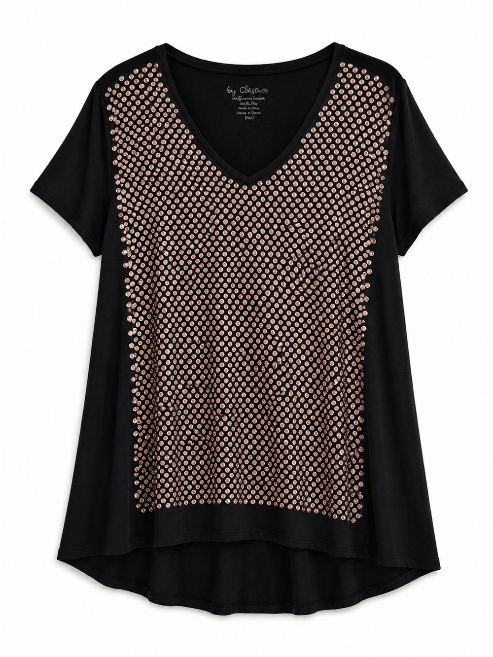 Chico's Black Gold Sequin Top‎ Round Neck Soft Stretch Stretchy Large Festival